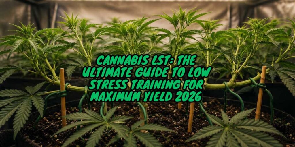 Cannabis LST low stress training — bending and securing branches in living soil grow room Space Trees Chiang Mai