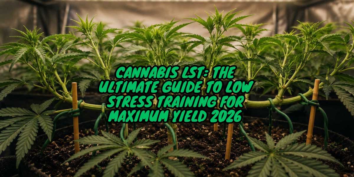 Cannabis LST low stress training — bending and securing branches in living soil grow room Space Trees Chiang Mai
