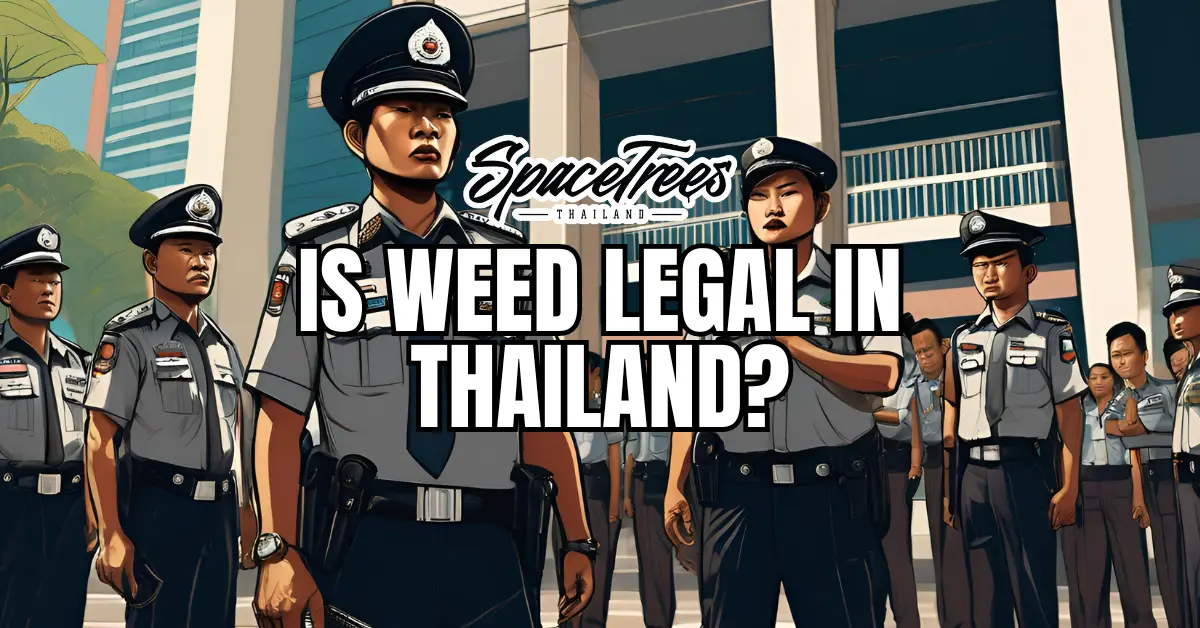 Thai police officers in uniform standing in front of a government building with text overlay asking 'Is Weed Legal in Thailand?' - Space Trees Thailand cannabis legalization educational illustration