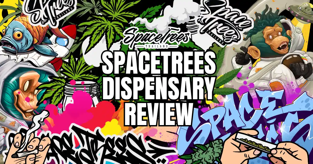 Colorful collage-style graphic featuring cannabis leaves, graffiti art, and creative illustrations with the bold text 'Space Trees Dispensary Review' and the Space Trees Thailand logo prominently displayed