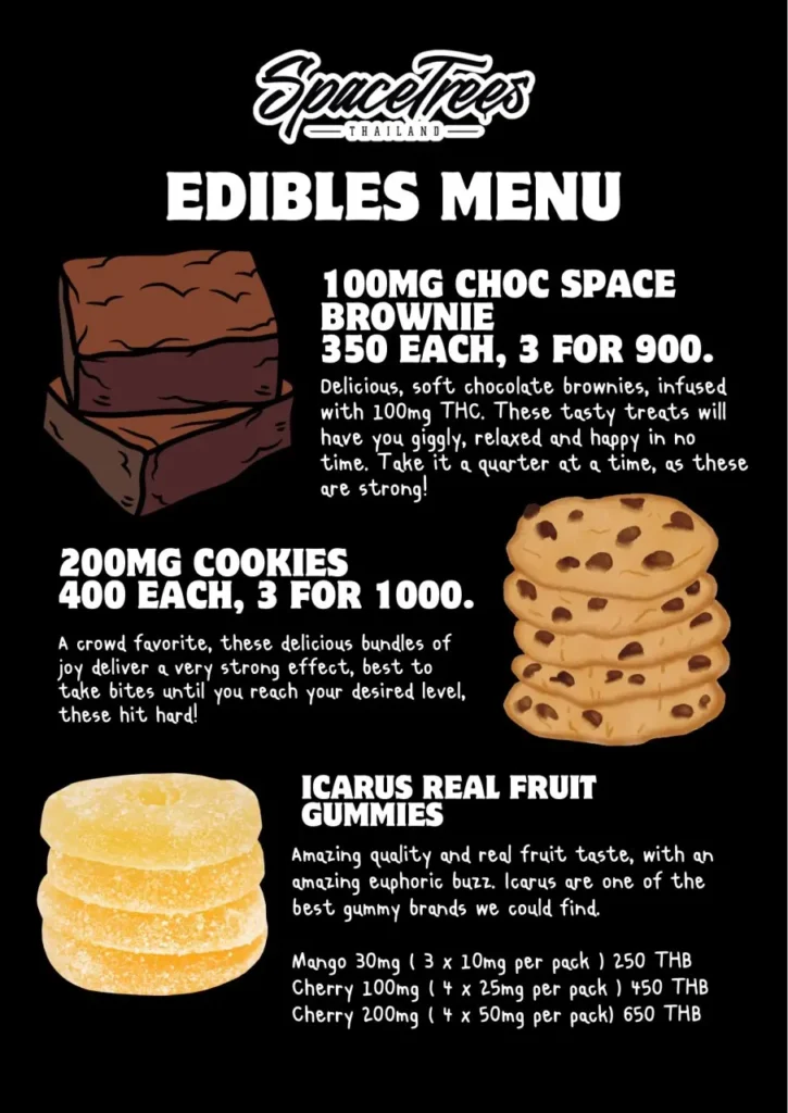 Edibles in Chiang Mai by Space Trees featuring brownies, cookies, and real fruit gummies infused with THC, along with pricing and product descriptions