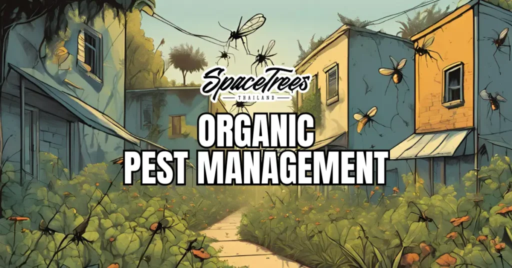 Illustration of a lush garden with old houses surrounded by vegetation and large insects, featuring the text 'Space Trees Thailand - Organic Pest Management' in bold lettering