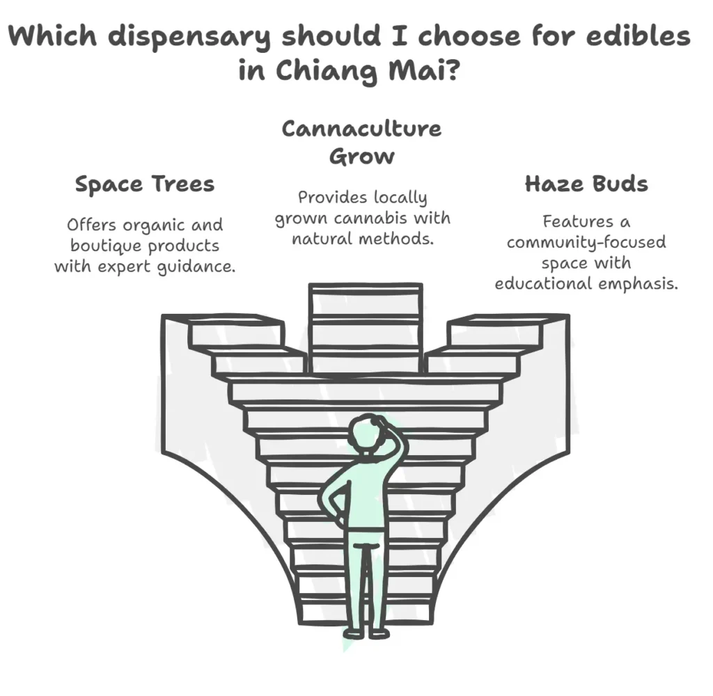 Minimalist line-art graphic showing a person deciding between three dispensaries—Space Trees, Cannaculture Grow, and Haze Buds—each with its own set of attributes like organic products, locally grown cannabis, and community-focused offerings.