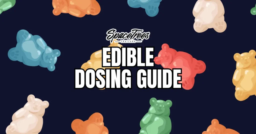 SpaceTrees promotional graphic with gummy bear outlines in assorted colors on a dark background, overlaid with the text “Edible Dosing Guide.”