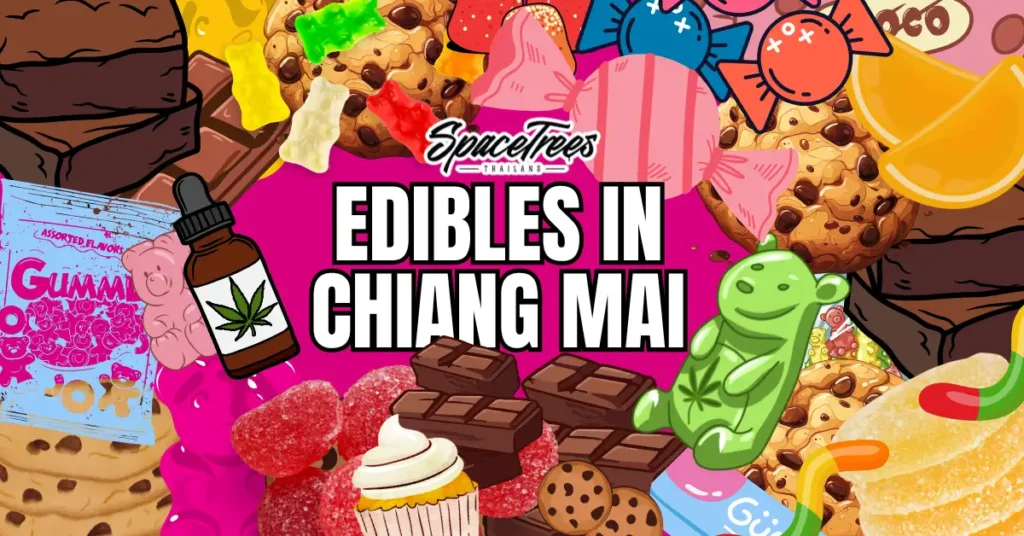 Bright pink SpaceTrees promotional graphic showcasing a variety of cannabis-infused edibles—cookies, gummies, chocolates, and candy—alongside the text “Edibles in Chiang Mai.”