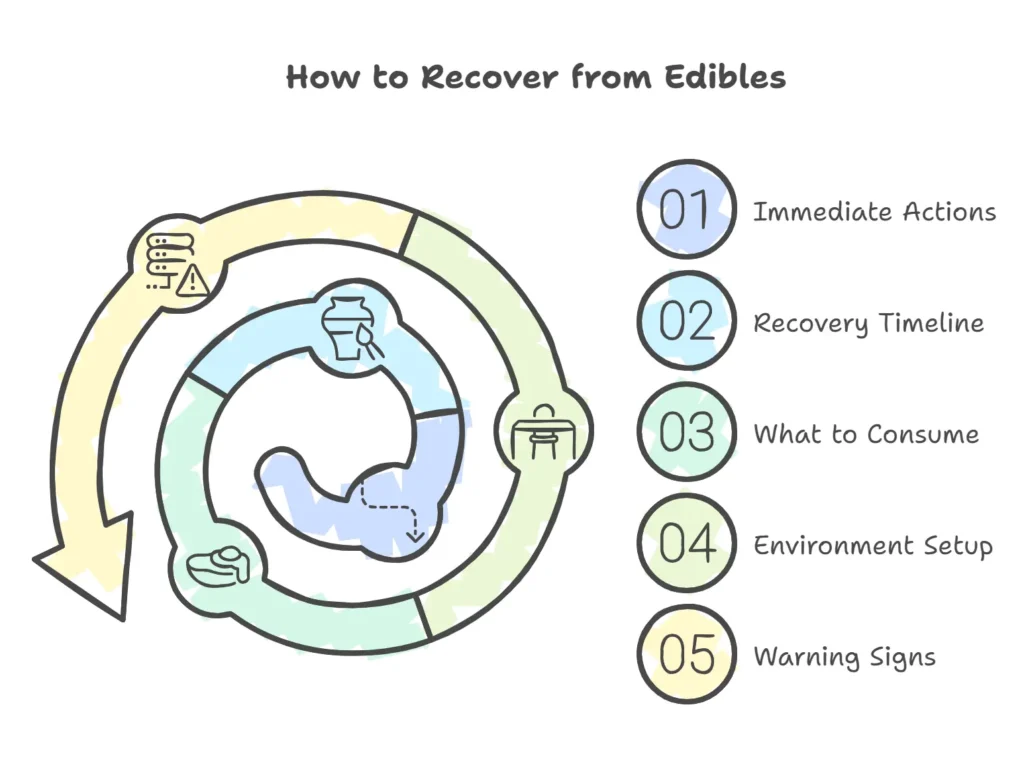 SpaceTrees infographic illustrating the recovery process after consuming edibles, shown as a circular diagram with sections labeled Immediate Actions, Recovery Timeline, What to Consume, Environment Setup, and Warning Signs.