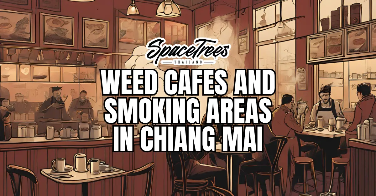 Cozy interior of a weed cafe in Chiang Mai, Thailand showing customers relaxing in a warm-lit smoking area with vintage decor and coffee service