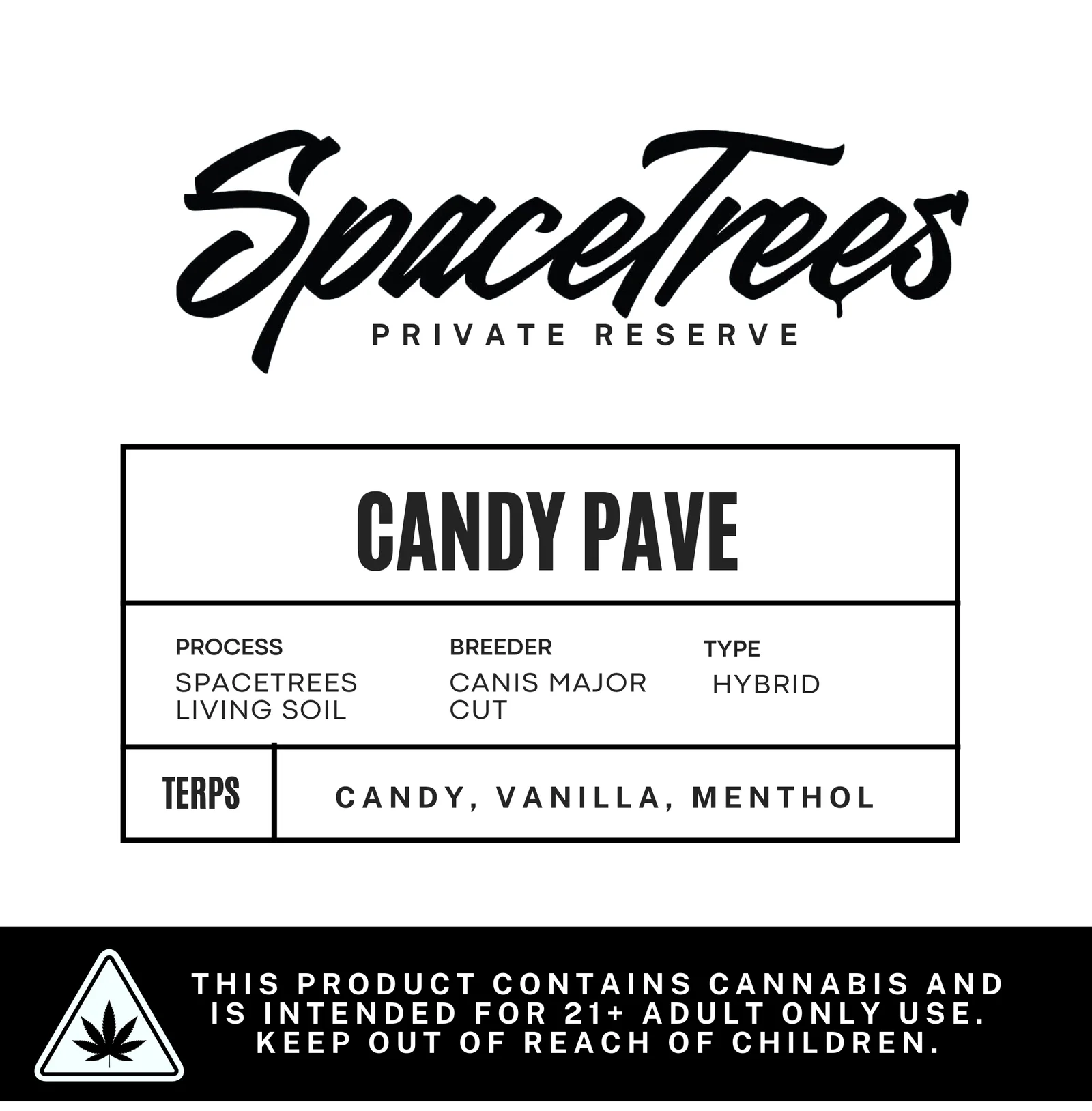 Space Trees Private Reserve product label for Candy Pave strain showing terpene profile and growing process