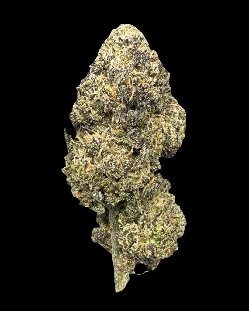 Premium cured Candy Pave strain nug displaying crystalline trichomes and dark green coloring against black background