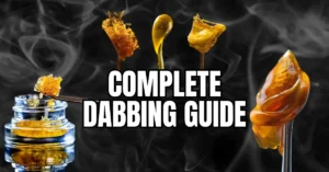 Various types of dabs including amber rosin and live resin concentrates shown with dabbing tools and smoke