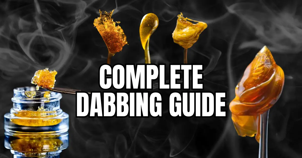 Various types of dabs including amber rosin and live resin concentrates shown with dabbing tools and smoke