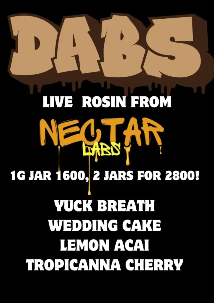 Live rosin dabs menu from Nectar Labs featuring Yuck Breath, Wedding Cake, Lemon Acai, and Tropicanna Cherry strains. Pricing: 1600 THB per gram or 2 jars for 2800 THB.