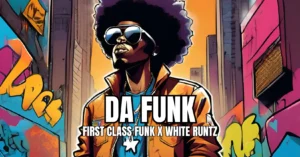 Space Trees Da Funk strain promotional banner featuring a stylized illustration of a man with an afro and sunglasses in a retro-style jacket against a colorful graffiti backdrop, with text 'Da Funk - First Class Funk x White Runtz' in bold white typography