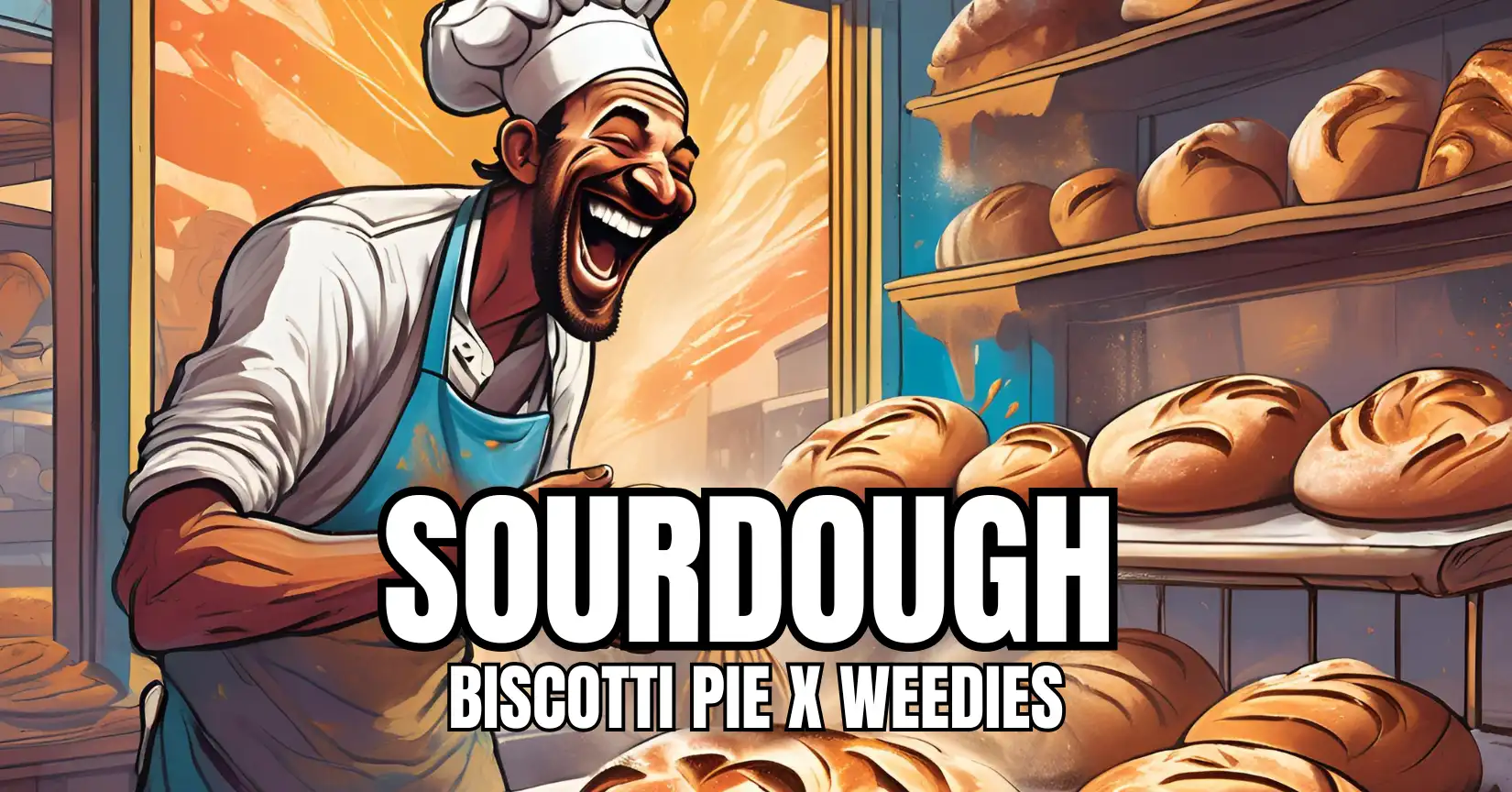 Space Trees Sourdough #2 strain promotional banner featuring a joyful baker laughing in a bakery filled with fresh bread loaves, with text 'Sourdough - Biscotti Pie x Weedies' in bold white typography