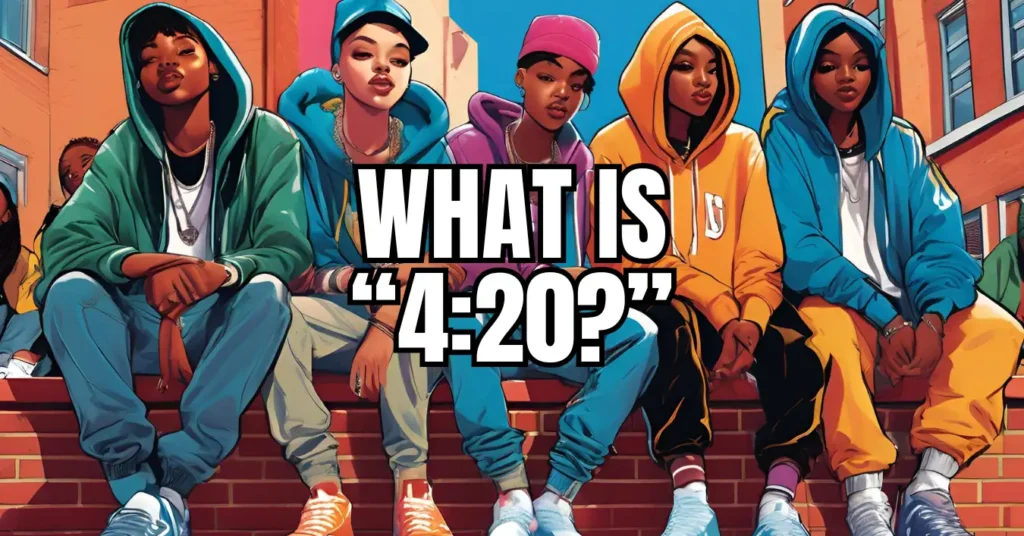 What is 420? Colorful illustration showing diverse group of young people in hoodies sitting on brick wall, representing modern cannabis culture and 420 celebration