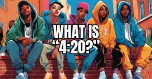 What is 420? Colorful illustration showing diverse group of young people in hoodies sitting on brick wall, representing modern cannabis culture and 420 celebration