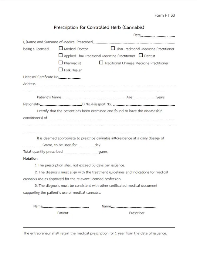 Official PT33 Thailand medical cannabis prescription form showing all required fields including prescriber details, patient information, dosage and quantity