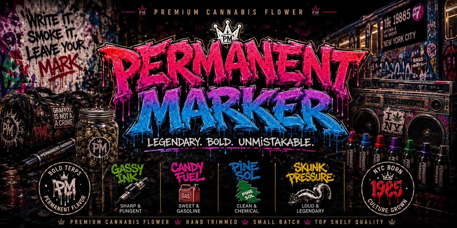 Permanent Marker strain launch artwork — Legendary Bold Unmistakable cannabis flower by Doja Exclusive at Space Trees Chiang Mai