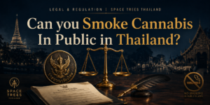 Smoke cannabis in public Thailand editorial banner — Thai legal scales and no-smoking-in-public motif with gold and navy, Space Trees Thailand