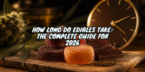 How long do edibles take editorial banner — cannabis gummies and a clock showing onset time, warm appetising scene, Space Trees Chiang Mai`