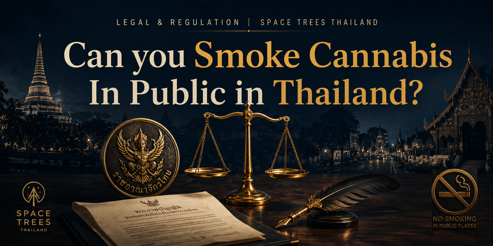 Smoke cannabis in public Thailand editorial banner — Thai legal scales and no-smoking-in-public motif with gold and navy, Space Trees Thailand