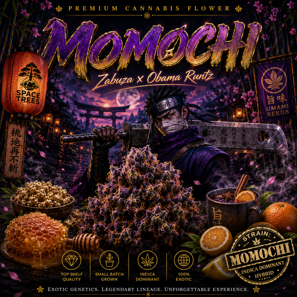 Momochi cannabis strain by Umami Seeds — deep purple gemstone buds with russet hairs and frosty trichomes, Space Trees Chiang Mai