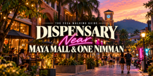 Dispensary near Maya Mall editorial banner — Nimman street scene at golden hour leading to Space Trees, Chiang Mai`