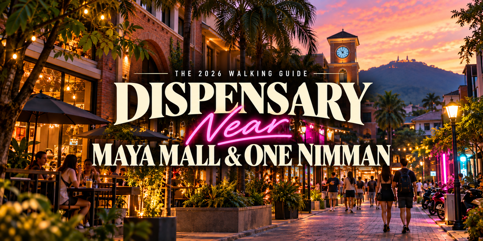 Dispensary near Maya Mall editorial banner — Nimman street scene at golden hour leading to Space Trees, Chiang Mai`