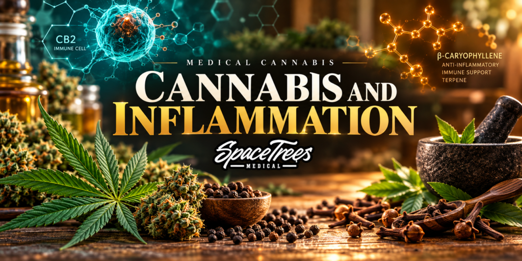 Cannabis and inflammation editorial banner — cannabis leaf with CB2 receptor and molecule motifs in warm apothecary tones, Space Trees Chiang Mai` - **Featured / OG (1200×630):** `Cannabis and inflammation featured image — botanical cannabis with caryophyllene and immune-cell science cues` - **Infographic:** `Cannabis and inflammation infographic — how cannabinoids and terpenes calm the CB2 immune response and lower inflammatory cytokines`