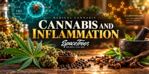 Cannabis and inflammation editorial banner — cannabis leaf with CB2 receptor and molecule motifs in warm apothecary tones, Space Trees Chiang Mai` - **Featured / OG (1200×630):** `Cannabis and inflammation featured image — botanical cannabis with caryophyllene and immune-cell science cues` - **Infographic:** `Cannabis and inflammation infographic — how cannabinoids and terpenes calm the CB2 immune response and lower inflammatory cytokines`