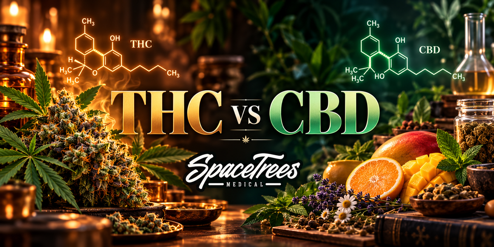 THC and CBD molecule motifs in a warm apothecary scene, Space Trees Chiang Mai